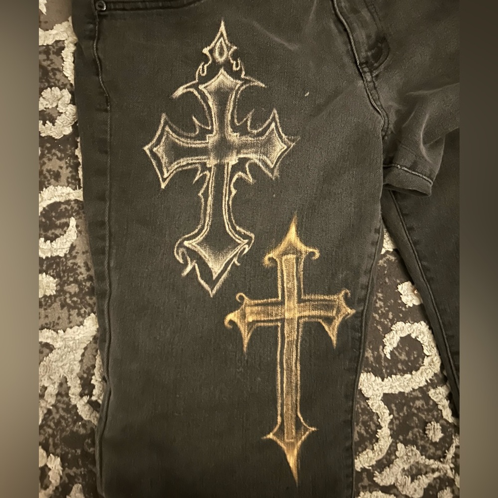 Covington petite grey pants w/ custom bleached crosses & button embroidery